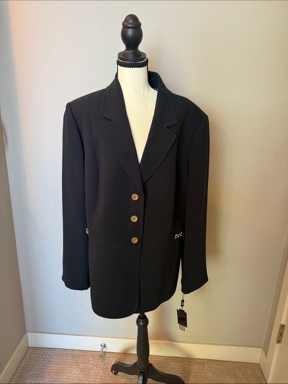 Tahari Black Blazer with Gold-Tone Buttons and pocket detail